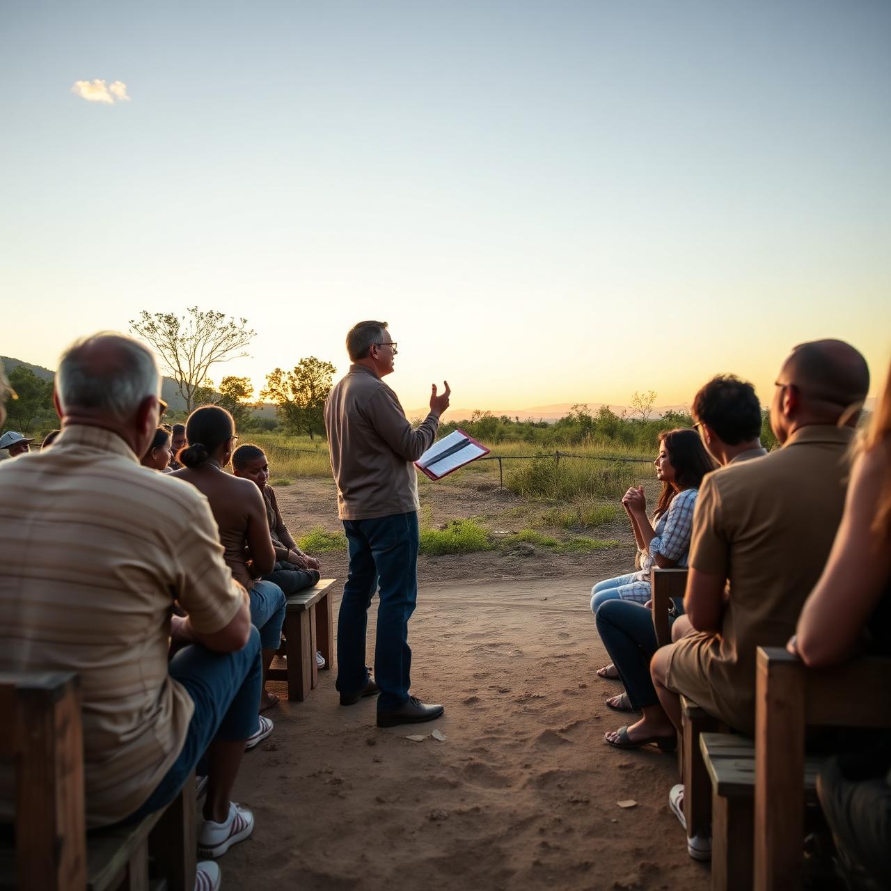 Missionário pregando para uma comunidade no sertão ao pôr do sol